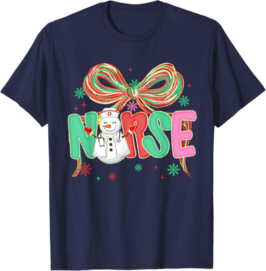 Christmas Nurse Coquette Bow Snowman Nursing Xmas Holiday T-Shirt - T-Shirt | Navy