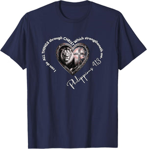 Christian Lion Heart Philippians 4:13 Scripture Art T-Shirt - T-Shirt | Navy