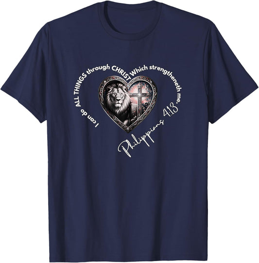 Christian Lion Heart Philippians 4:13 Scripture Art T-Shirt - T-Shirt | Navy