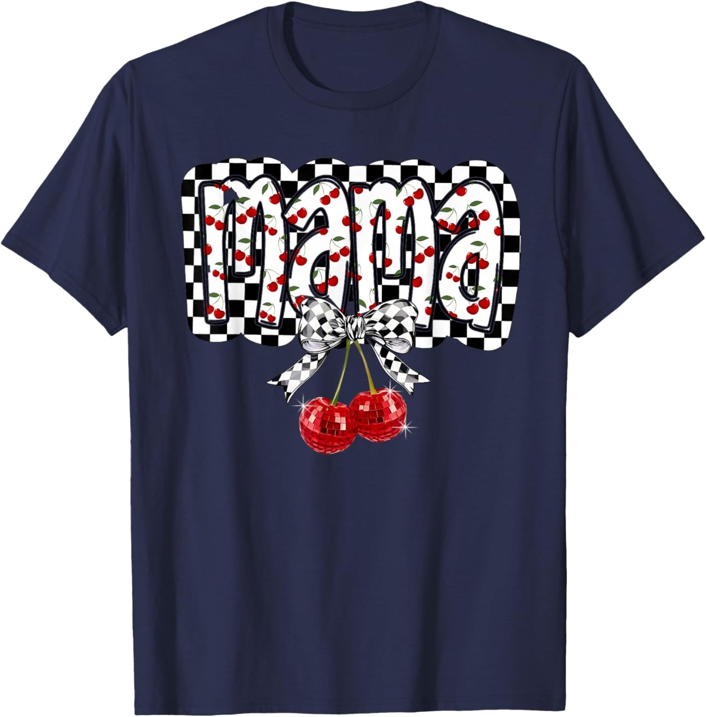 Mama Checkered Coquette Bow Cherry Mommy Mother's Day Mom T-Shirt - T-Shirt | Navy
