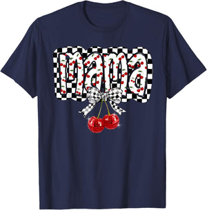 Mama Checkered Coquette Bow Cherry Mommy Mother's Day Mom T-Shirt - T-Shirt | Navy