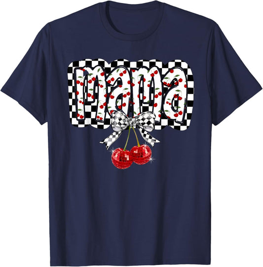 Mama Checkered Coquette Bow Cherry Mommy Mother's Day Mom T-Shirt - T-Shirt | Navy