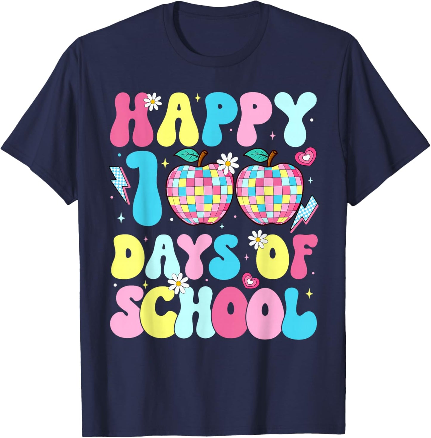 100 Days of School Disco Apple 100th Day Teacher Student T-Shirt - T-Shirt | Navy
