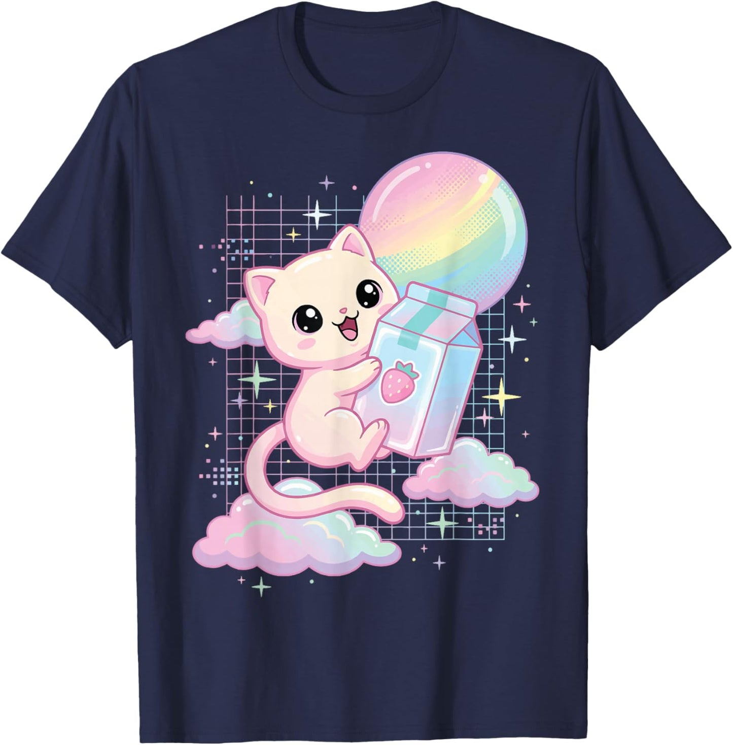 Kawaii Cat Strawberry Milk Aesthetic T-Shirt - T-Shirt | Navy