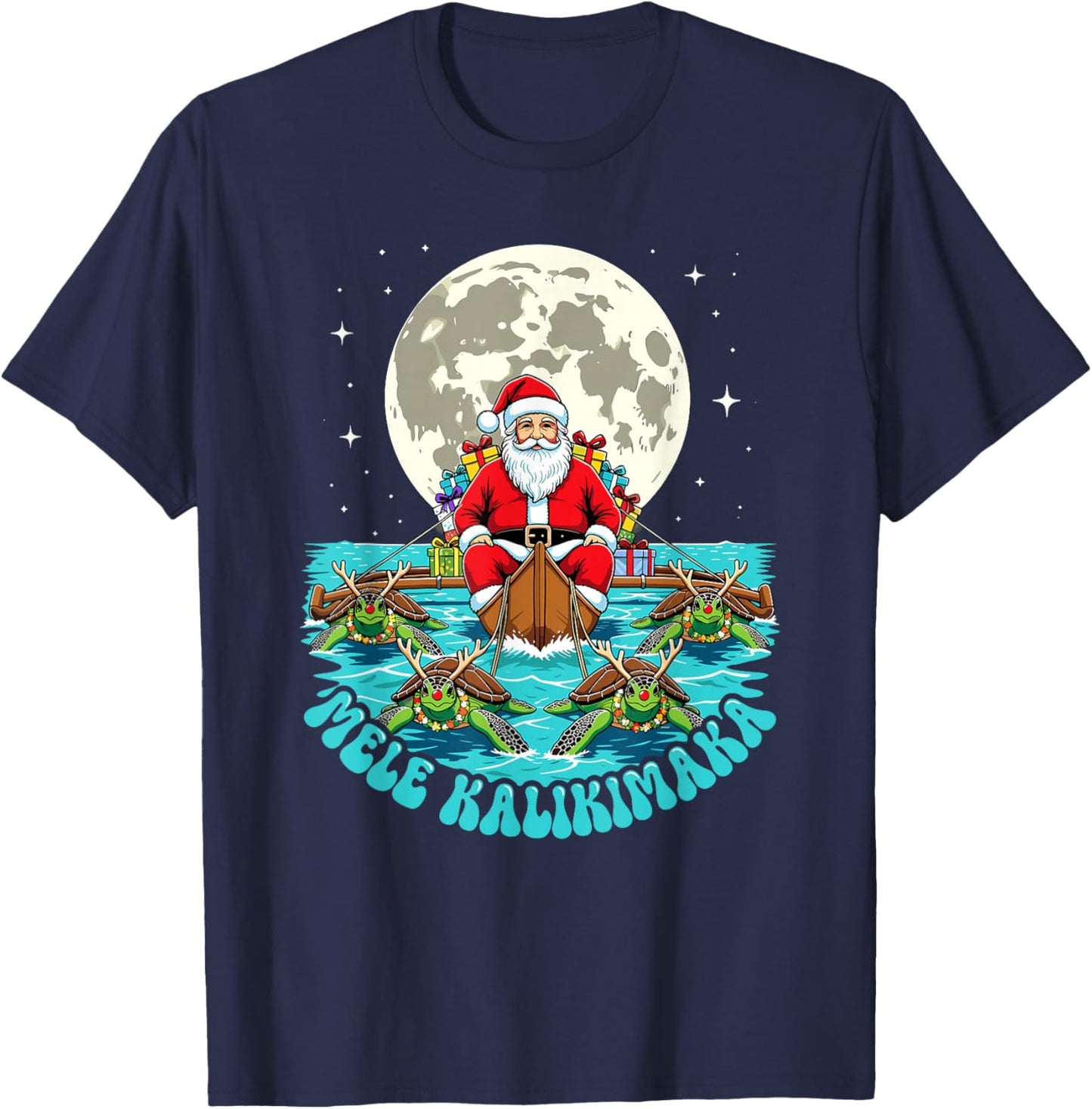 Mele Kalikimaka Hawaiian Christmas Santa Sea Turtle Sleigh T-Shirt - T-Shirt | Navy
