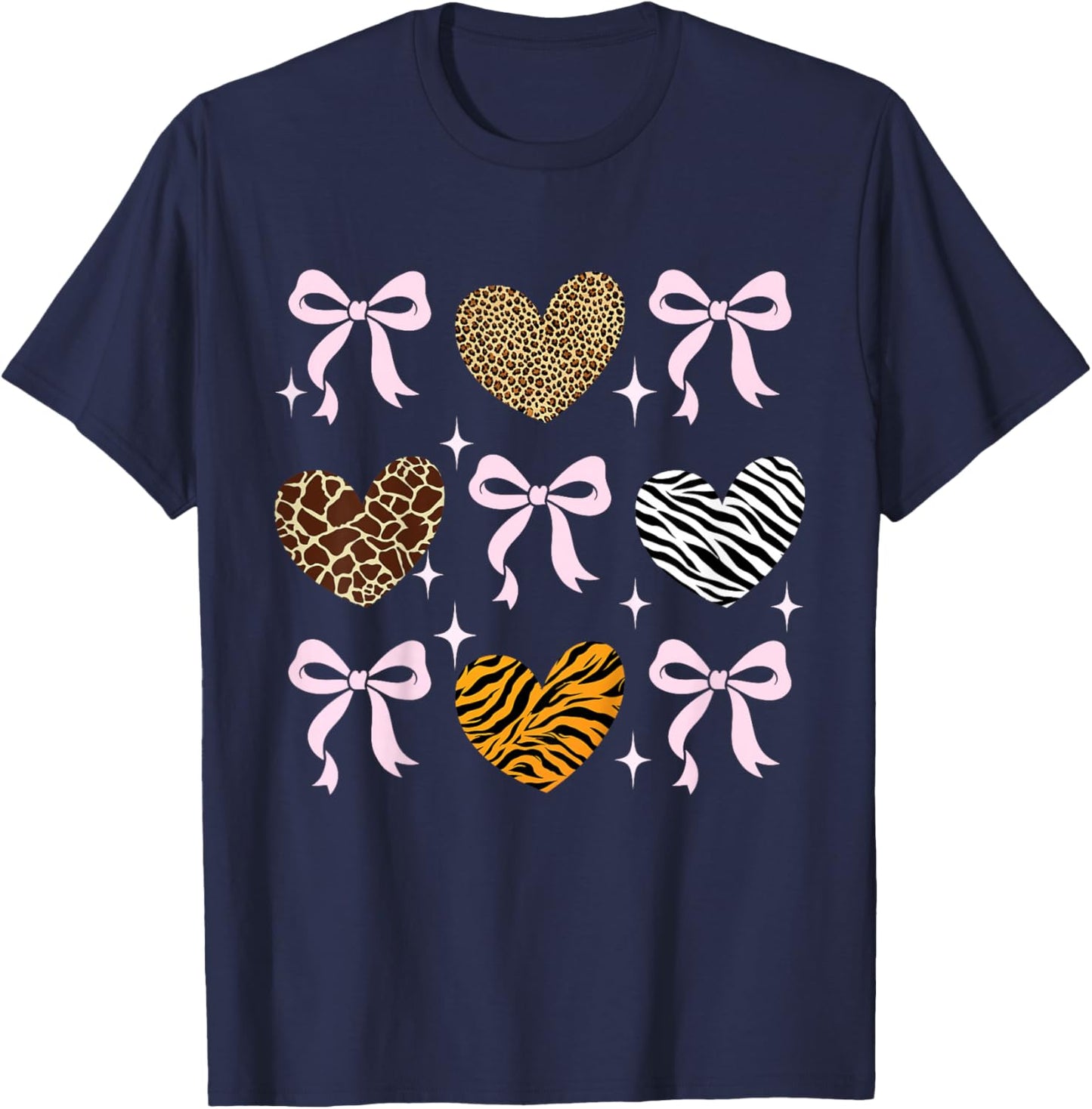 Girls Animal Print Bow Clothes Kids Cheetah Leopard Heart T-Shirt - T-Shirt | Navy