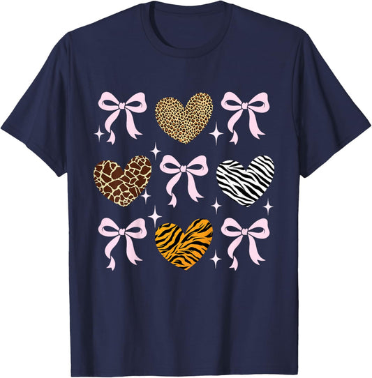 Girls Animal Print Bow Clothes Kids Cheetah Leopard Heart T-Shirt - T-Shirt | Navy