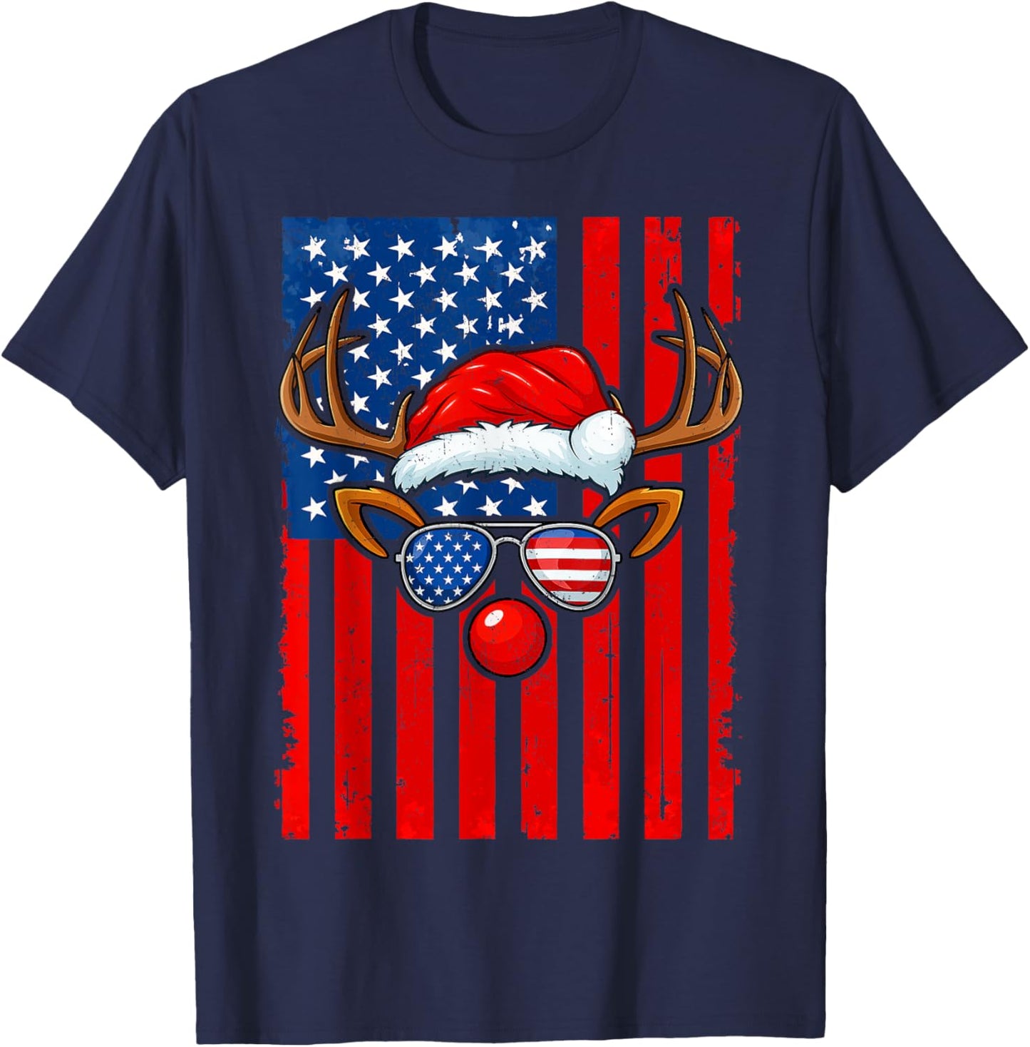Vintage Rudolph Rednose Santa Hat Us Flag Christmas Xmas Men T-Shirt - T-Shirt | Navy