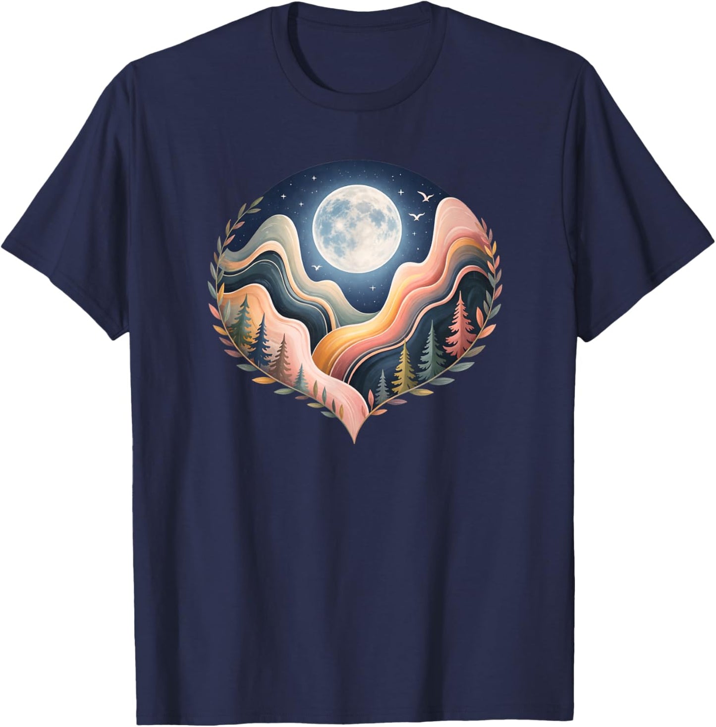 Heart-Shaped Nature Landscape Art, Scenic Moon T-Shirt - T-Shirt | Navy