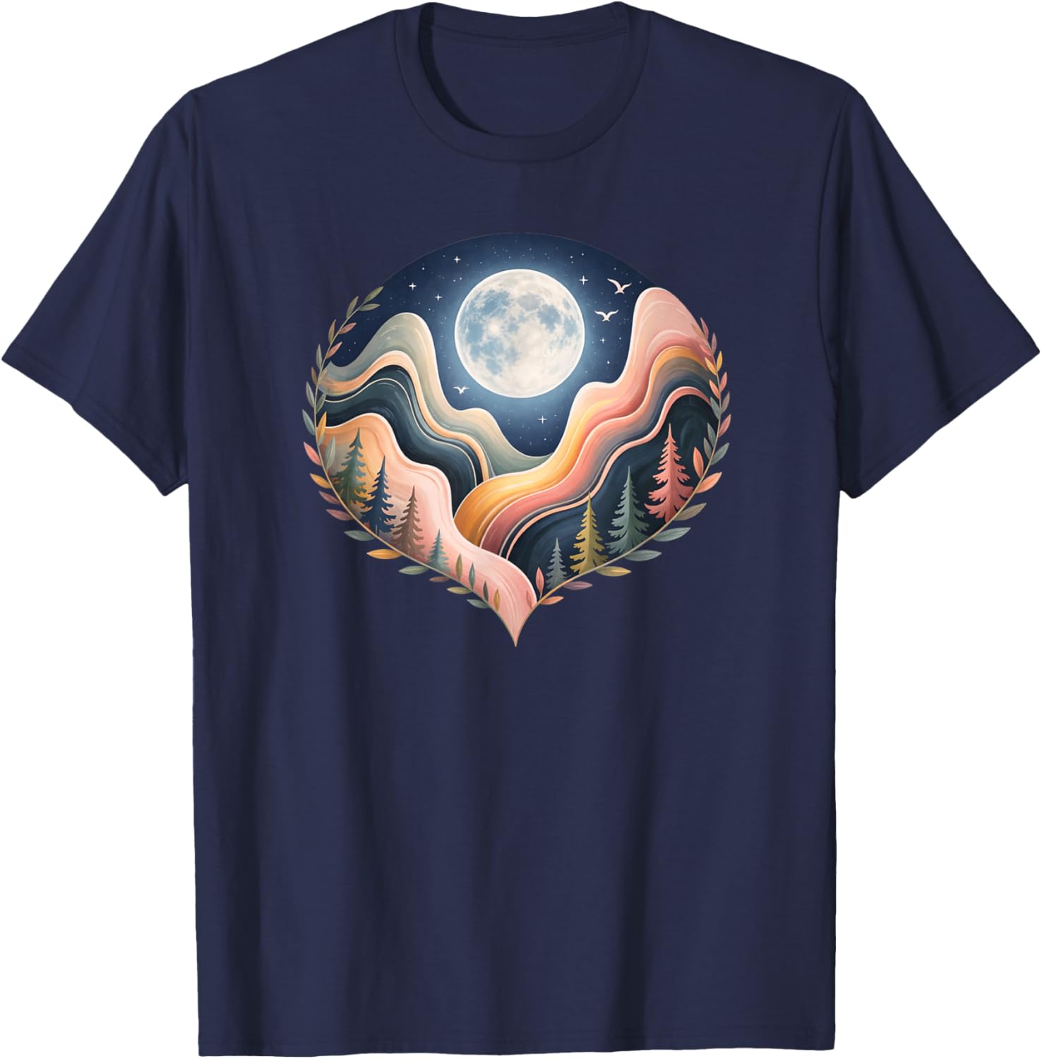 Heart-Shaped Nature Landscape Art, Scenic Moon T-Shirt - T-Shirt | Navy