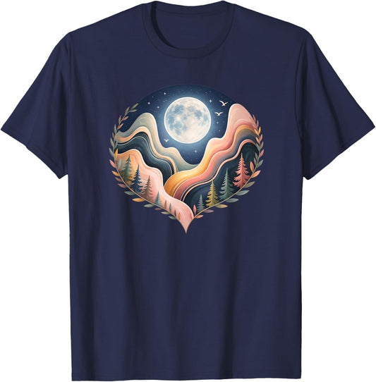 Heart-Shaped Nature Landscape Art, Scenic Moon T-Shirt - T-Shirt | Navy
