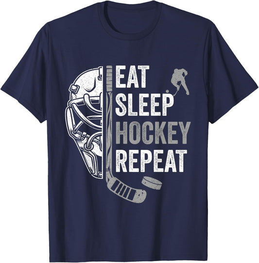 Eat Sleep Hockey Repeat Christmas Funny T-Shirt - T-Shirt | Navy