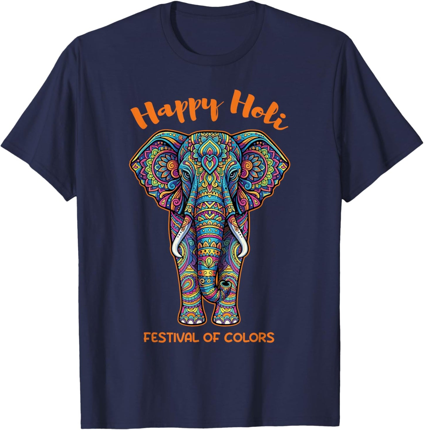 Happy Holi Festival of Colors Colorful Elephant T-Shirt - T-Shirt | Navy