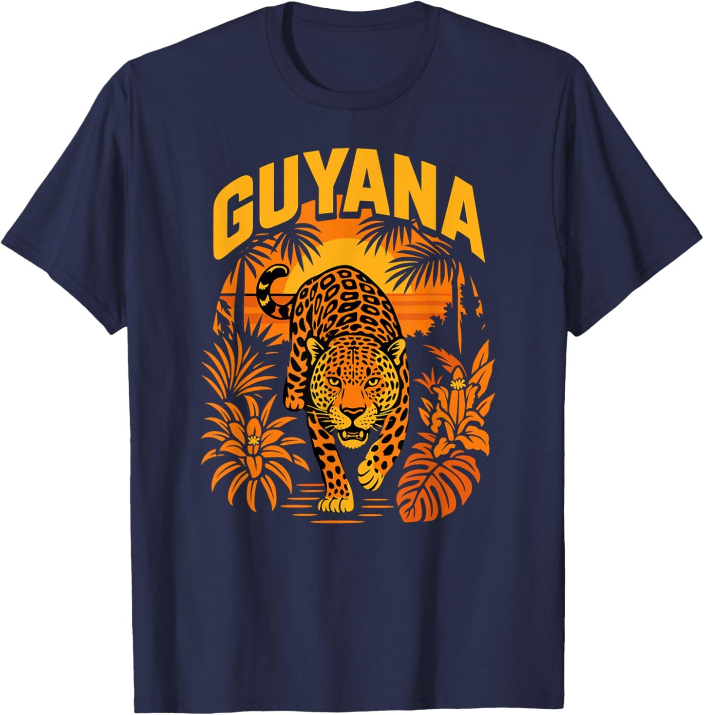 Guyana Jaguar, Sunset Jungle Cat, Tropical Wildlife Animal T-Shirt - T-Shirt | Navy