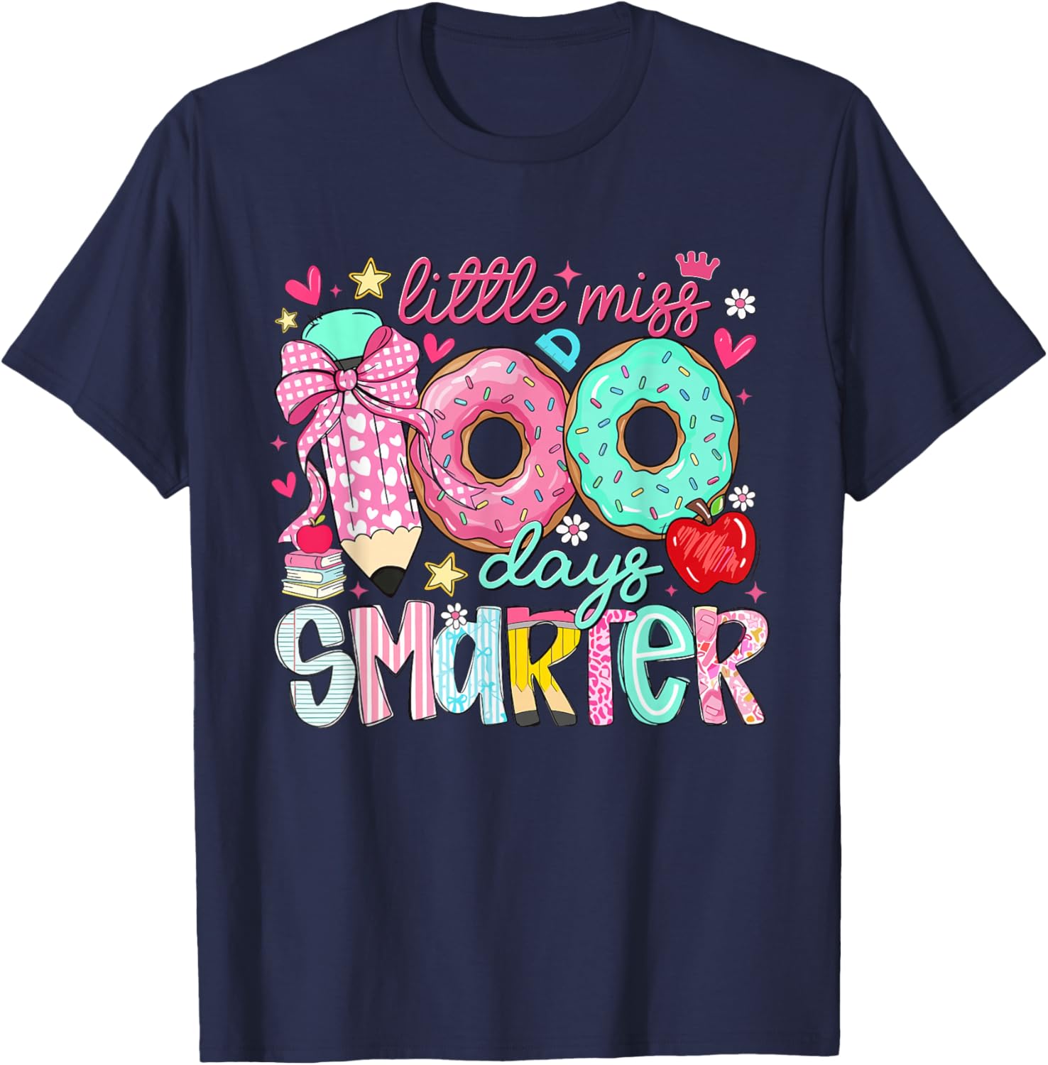 Little Miss 100 Days Smarter Girls Kids 100th Day of School T-Shirt - T-Shirt | Navy