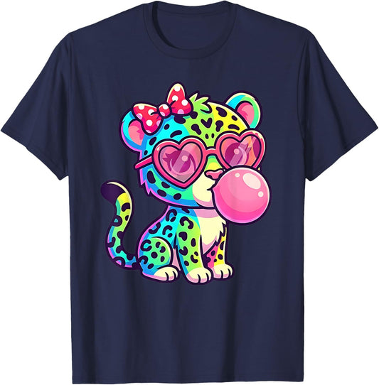 Funny Cute Leopard Blowing Bubble Gum Animal Kids T-Shirt - T-Shirt | Navy