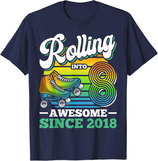 Rolling Into 8 Roller Skating Birthday Party 8th Birthday T-Shirt - T-Shirt | Navy