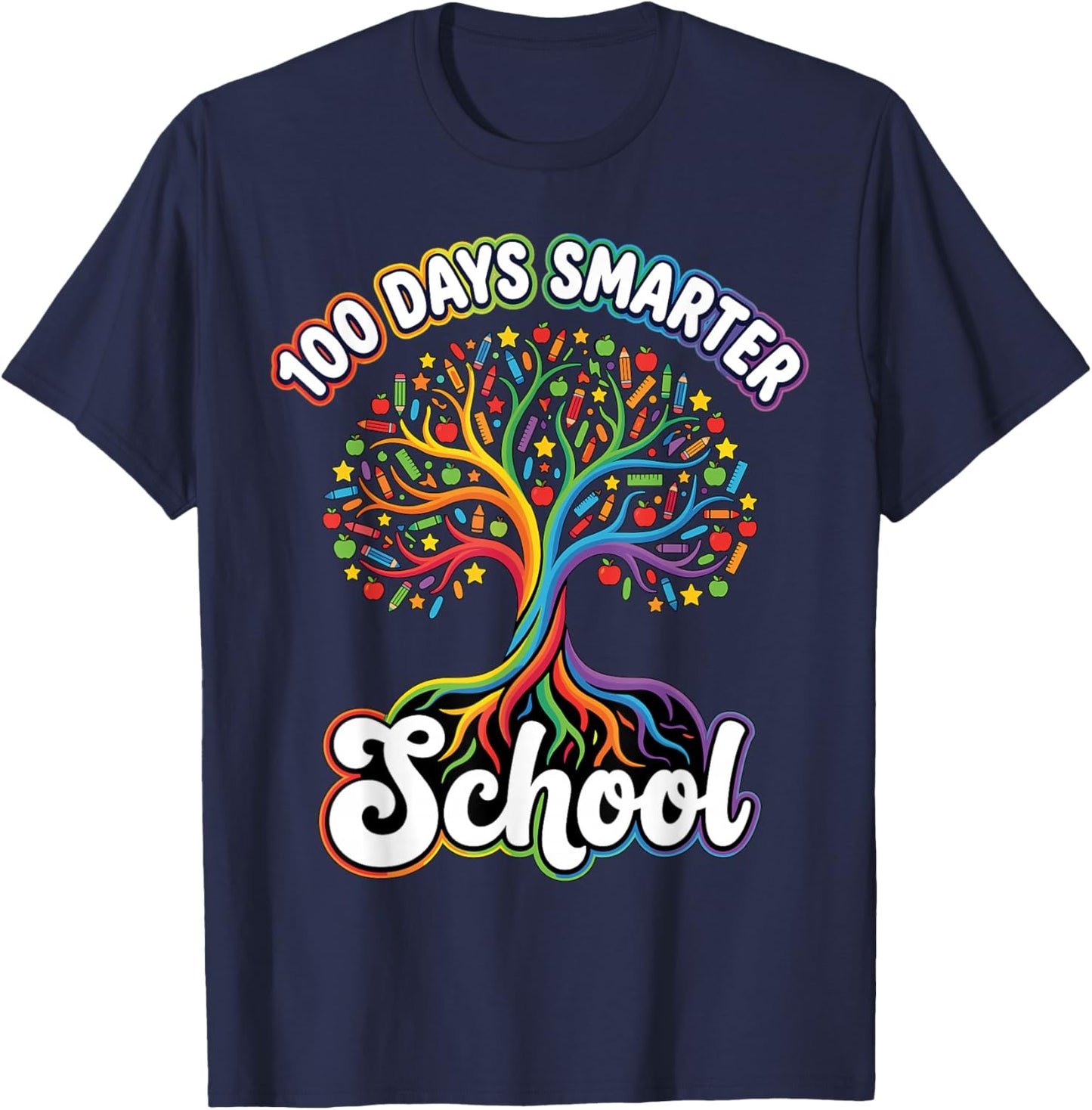 100 Days Smarter Tree 100th Day of School Teachers Kids T-Shirt - T-Shirt | Navy