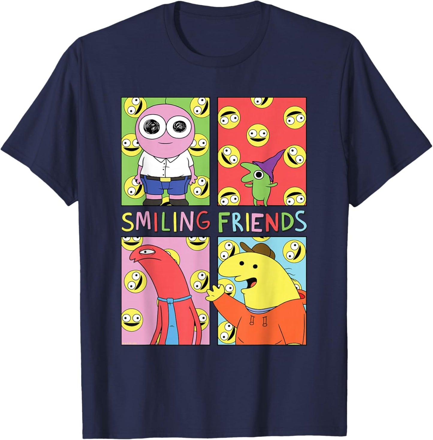 Smiling Friends Pop Art Character Grid Funny Cartoon T-Shirt - T-Shirt | Navy
