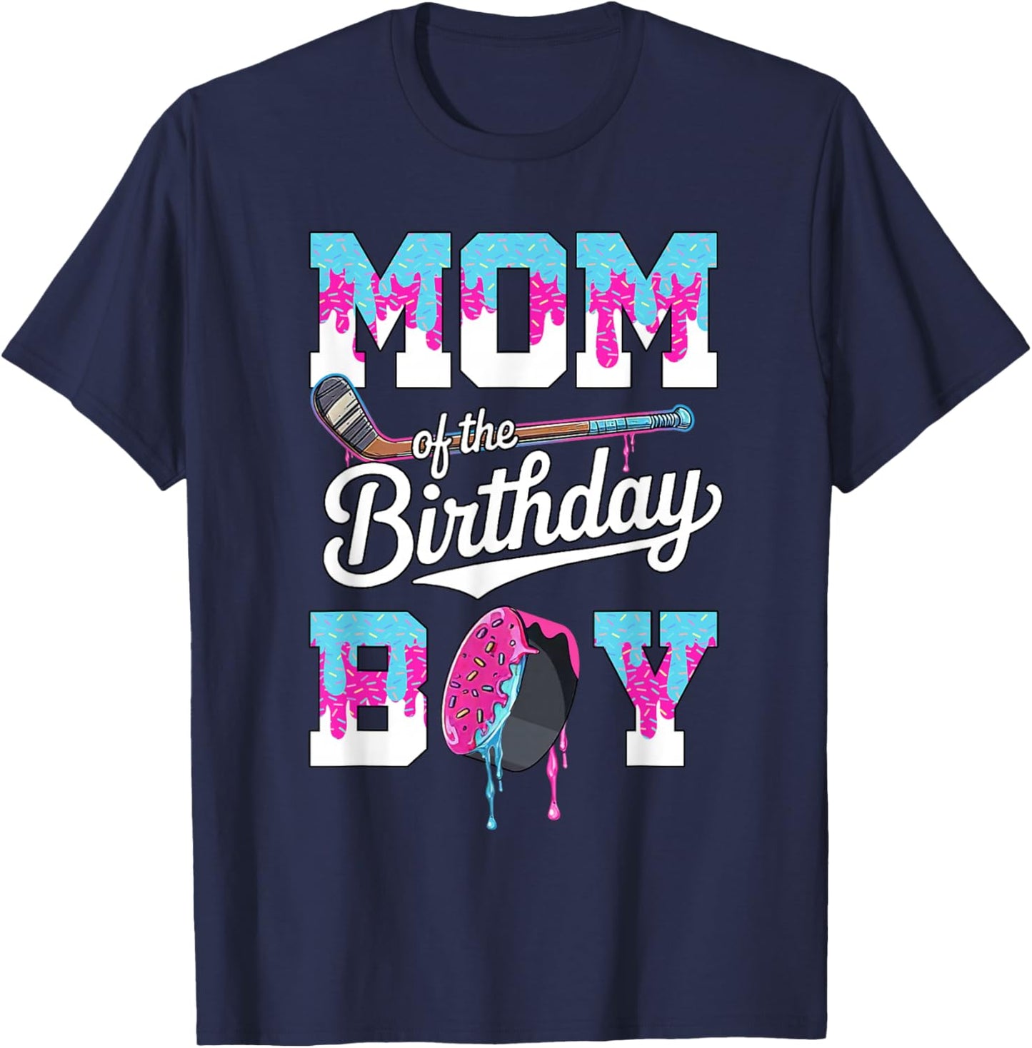 Mom of The Birthday Boy Hockey Ice Cream Drip Family T-Shirt - T-Shirt | Navy