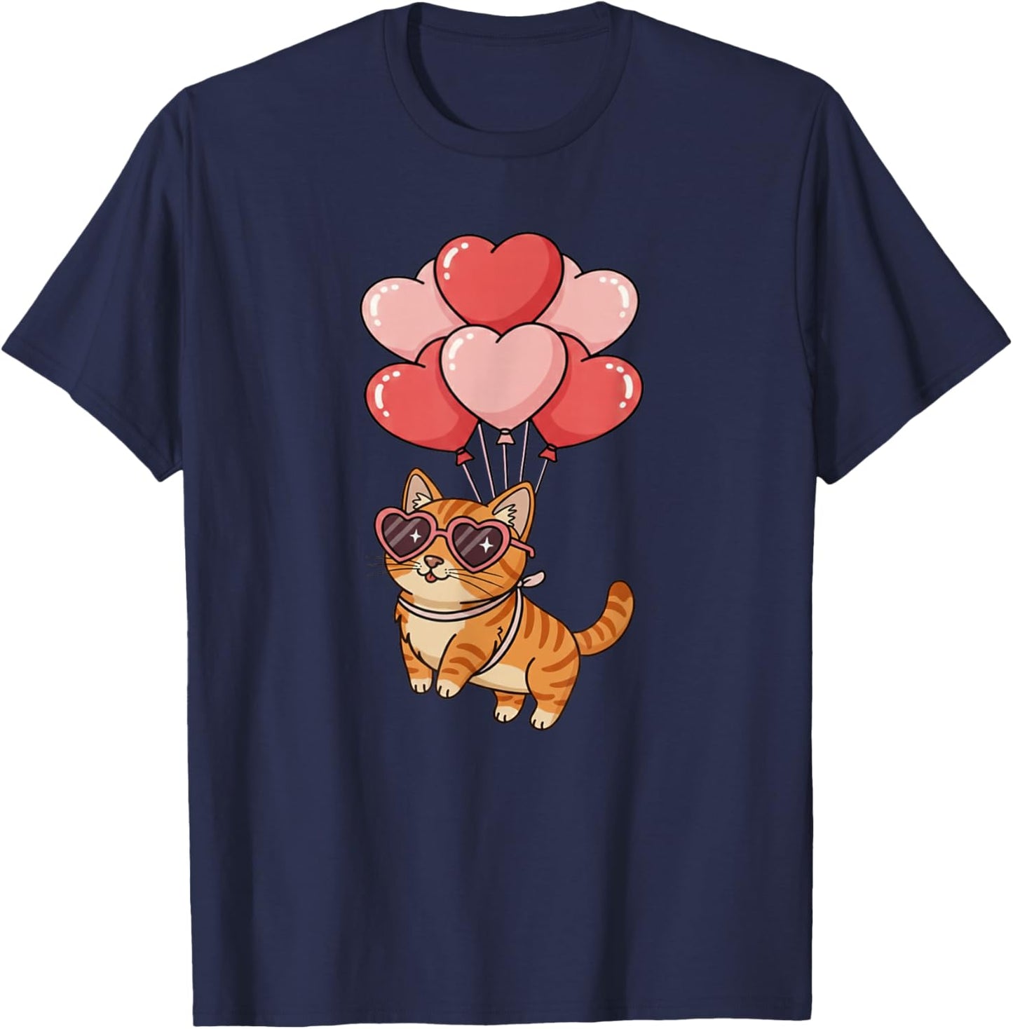 Girls Valentines Day Heart Balloons Orange Tabby Cat T-Shirt - T-Shirt | Navy