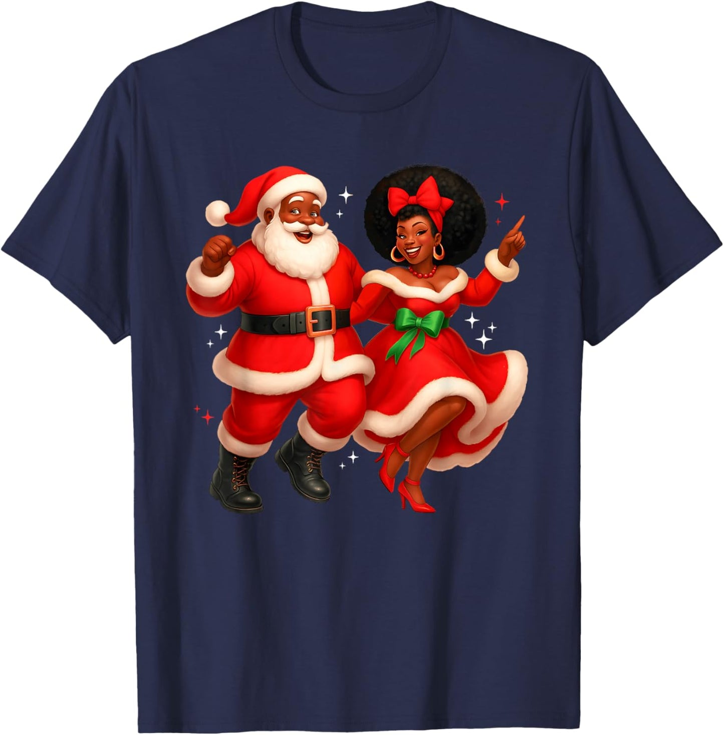 Dancing African Santa Mr Mrs Claus African American Xmas T-Shirt - T-Shirt | Navy