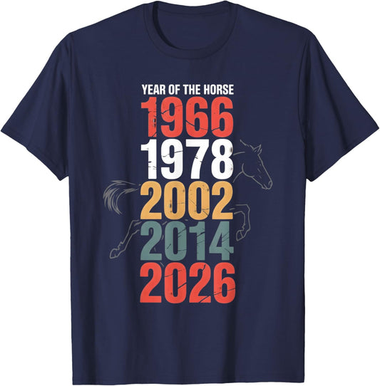 Year of The Horse 1966 1978 2002 2014 2026 Retro T-Shirt - T-Shirt | Navy