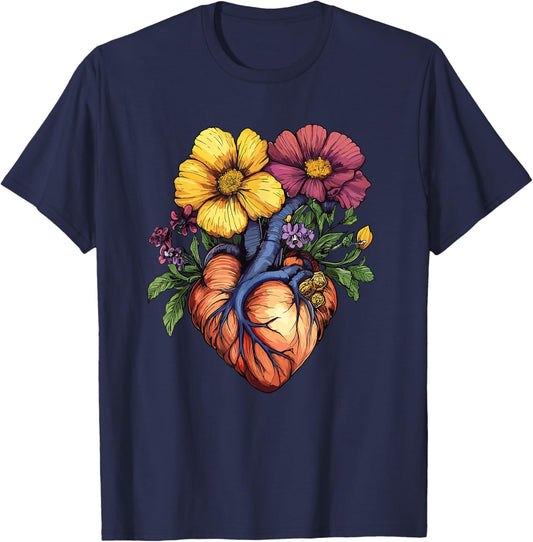 Floral Heart Anatomy with Blooming Vessels T-Shirt - T-Shirt | Navy