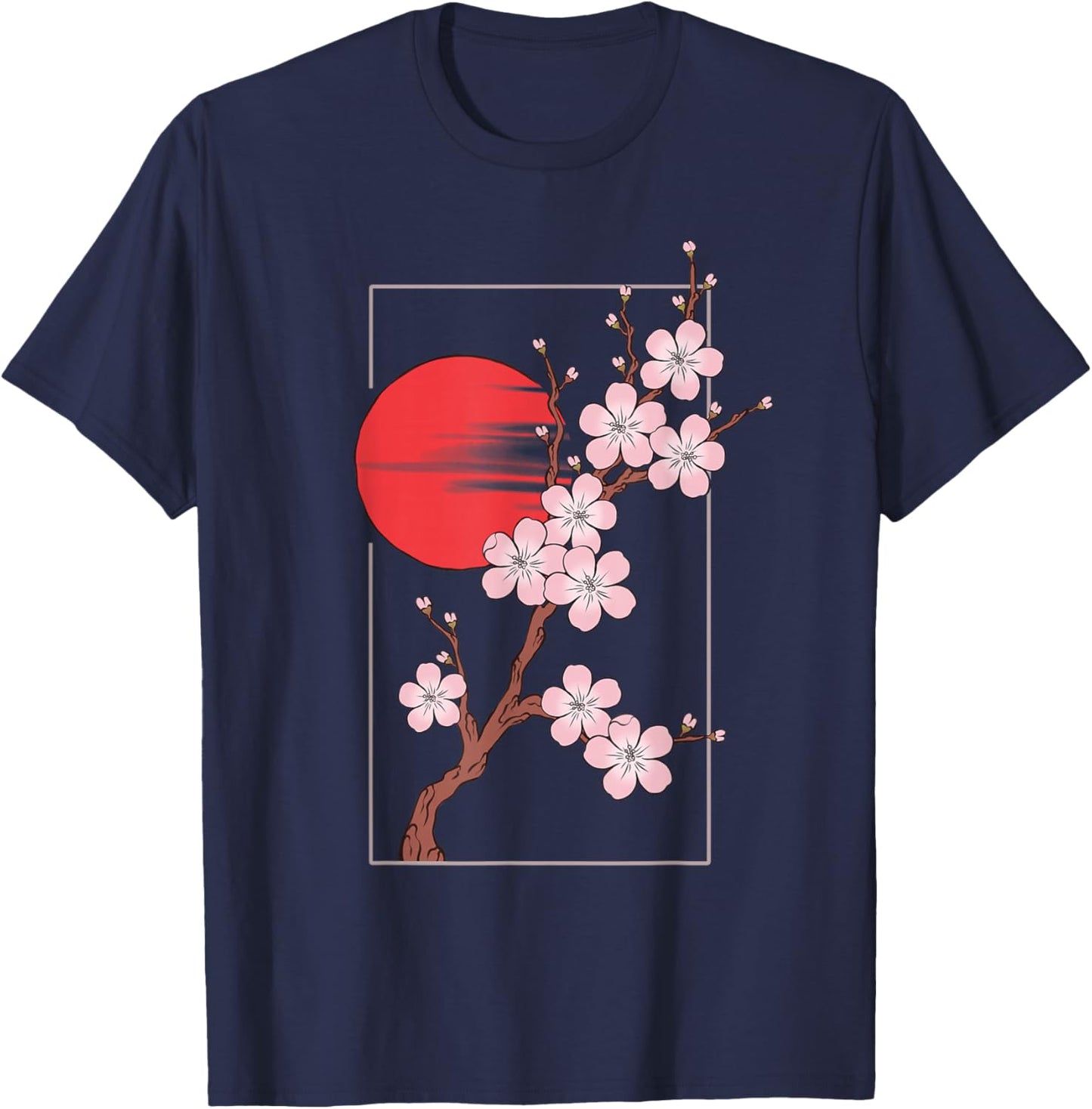 Japanese Cherry Blossom Graphic with Sun T-Shirt - T-Shirt | Navy