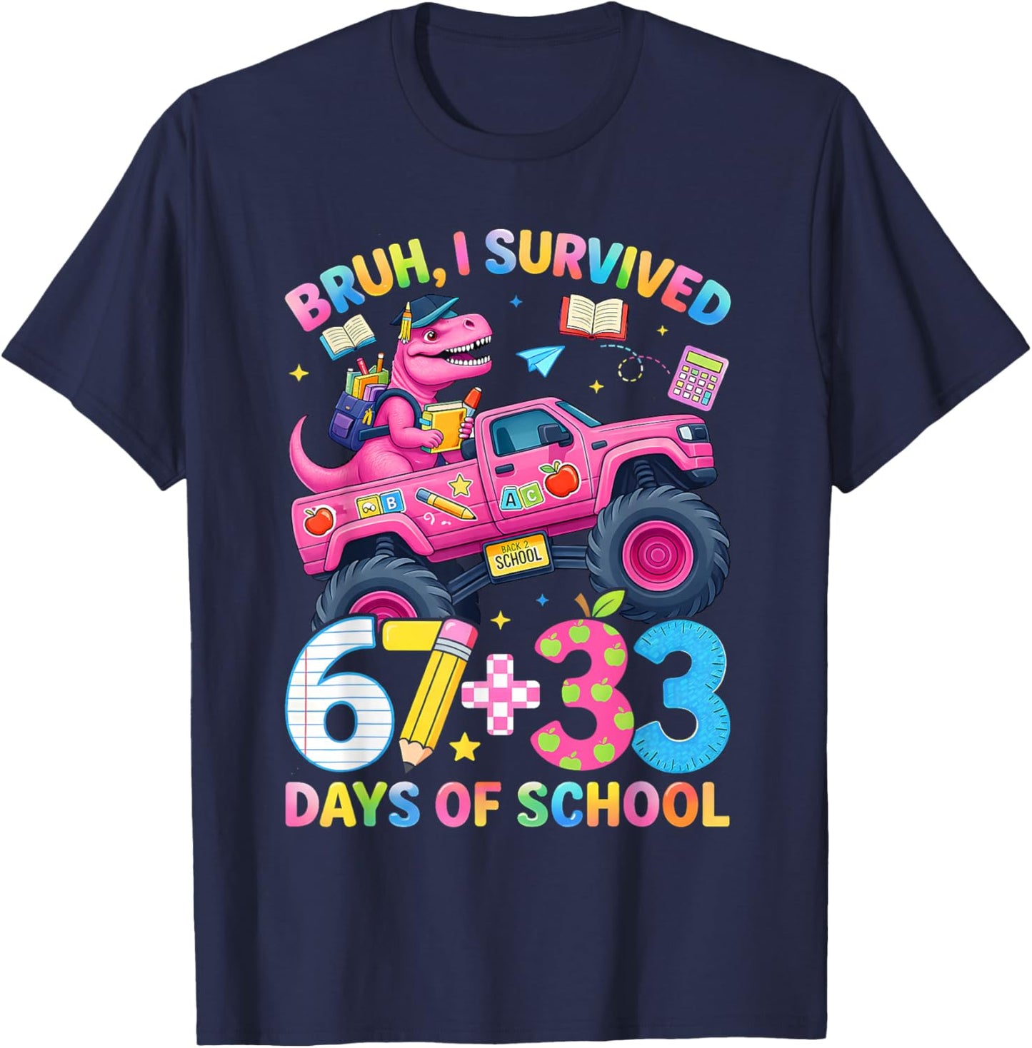 Bruh I Survived 67 33 Days of School Boy Kids 100th Day Trex T-Shirt - T-Shirt | Navy