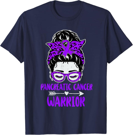 Pancreatic Cancer Warrior Awareness Ribbon Purple T-Shirt - T-Shirt | Navy