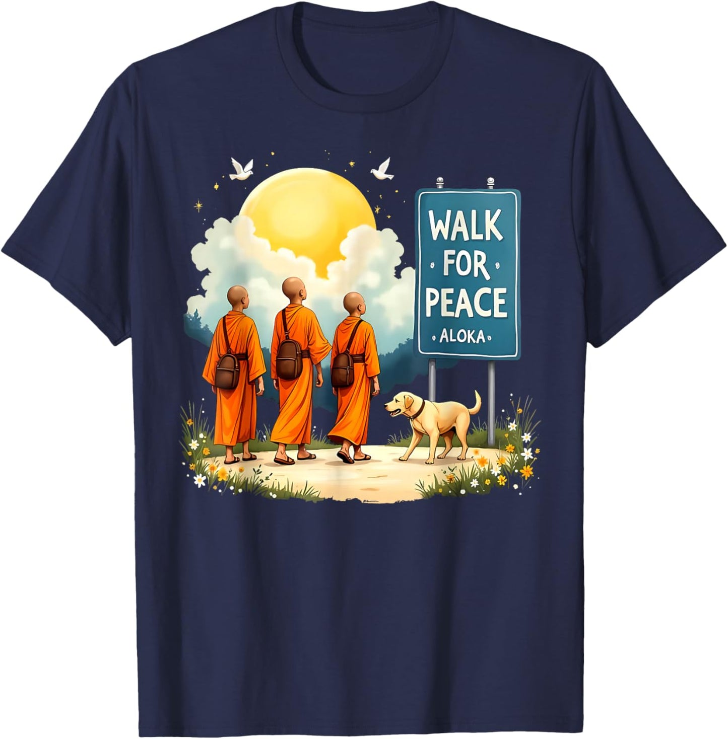 Retro Walk for Peace Monks with Aloka Dog Minimalist Zen Art T-Shirt - T-Shirt | Navy