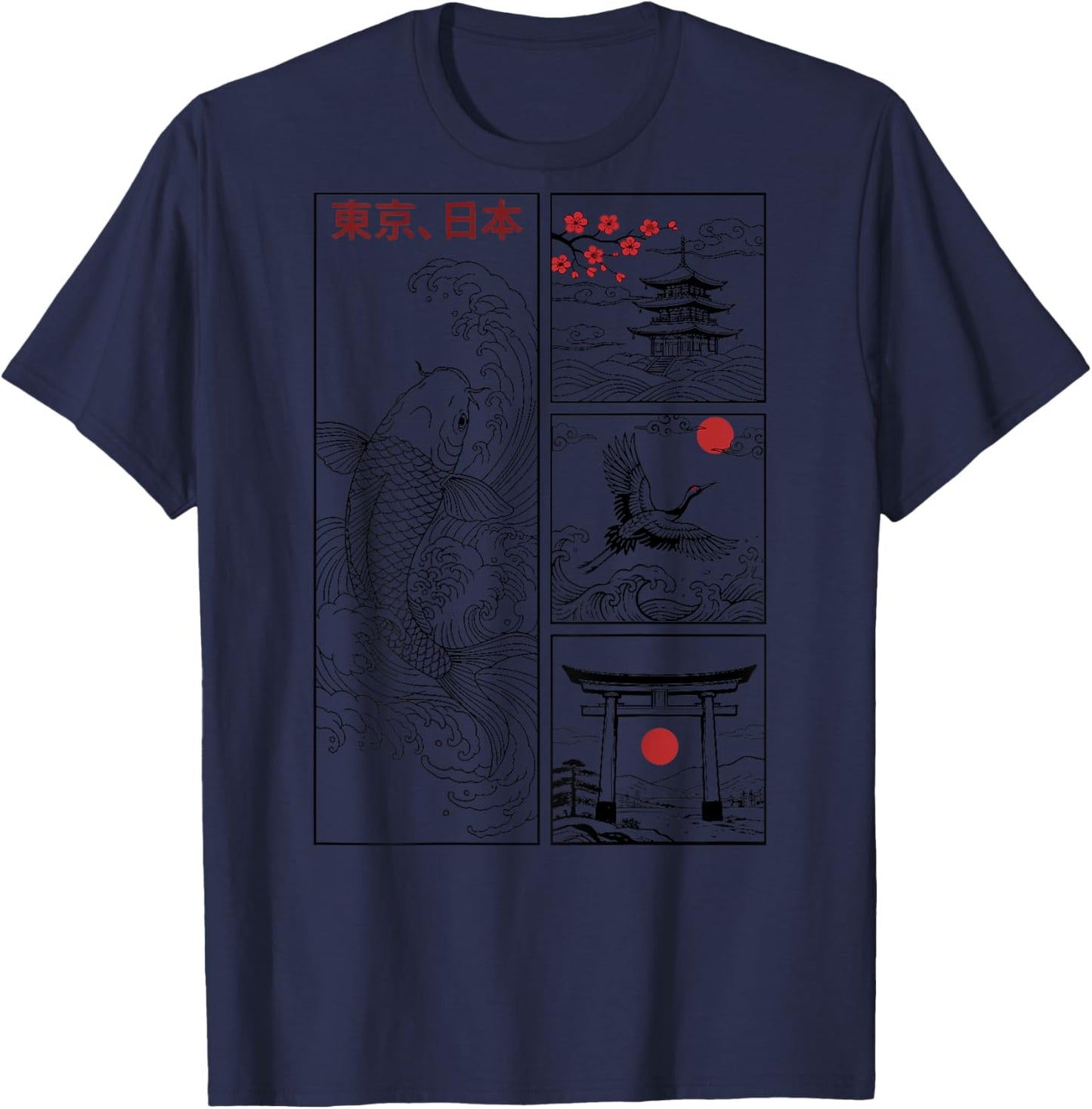 Japanese Koi Fish The Great Wave Off Kanagawa Kanji (Back) T-Shirt - T-Shirt | Navy