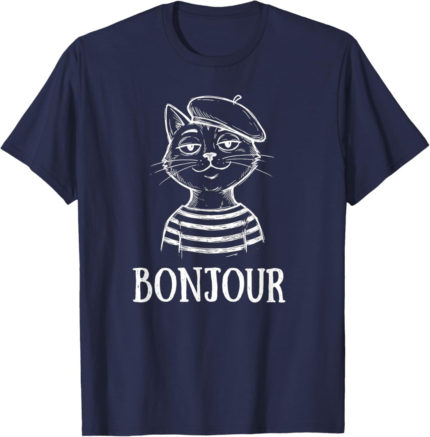 Bonjour French Cat Beret Sketch Travel Souvenir T-Shirt - T-Shirt | Navy