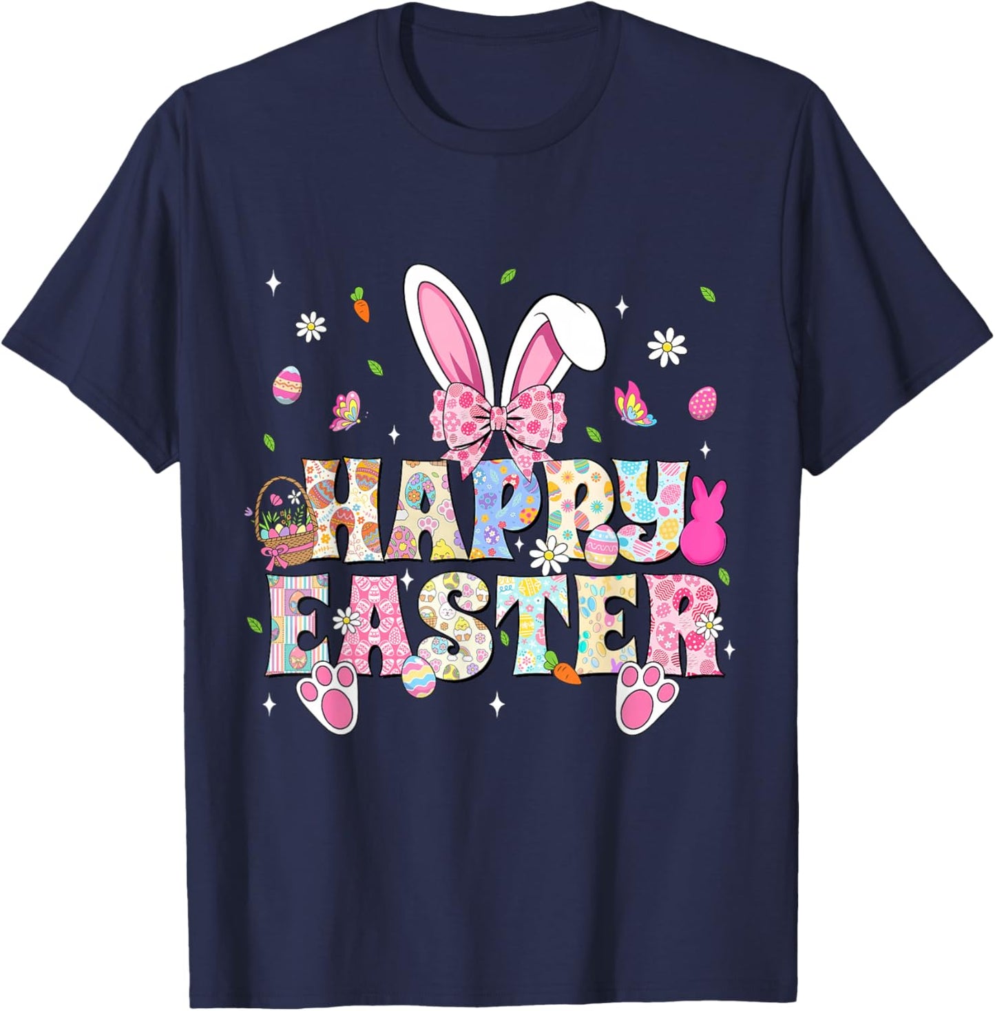 Happy Easter Bunny Rabbit Face Funny Easter Day Women Girls T-Shirt - T-Shirt | Navy