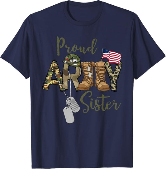 Proud Army Sister Military Sister with Dog Tag US Flag T-Shirt - T-Shirt | Navy