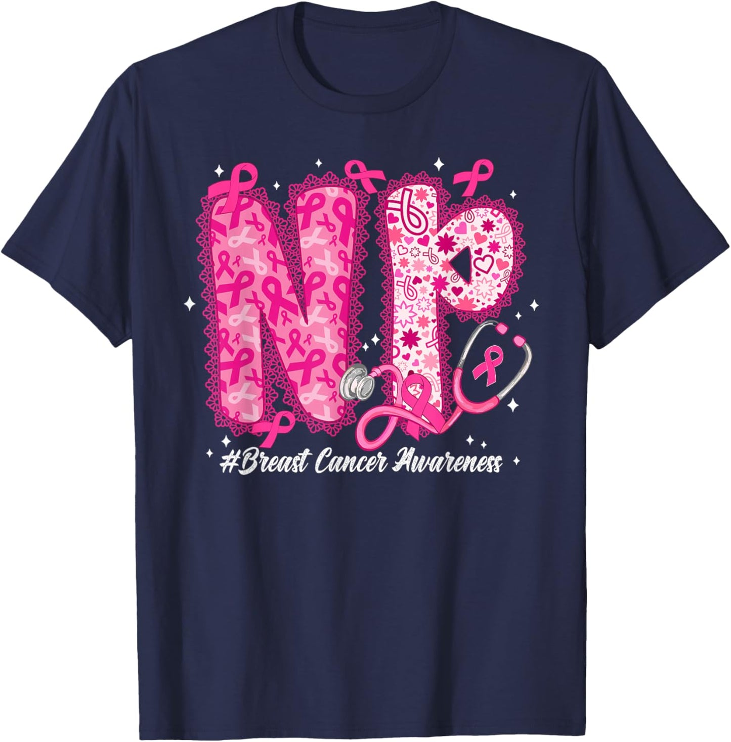 in October We Wear Pink Nurse Practitioner NP Breast Cancer T-Shirt - T-Shirt | Navy