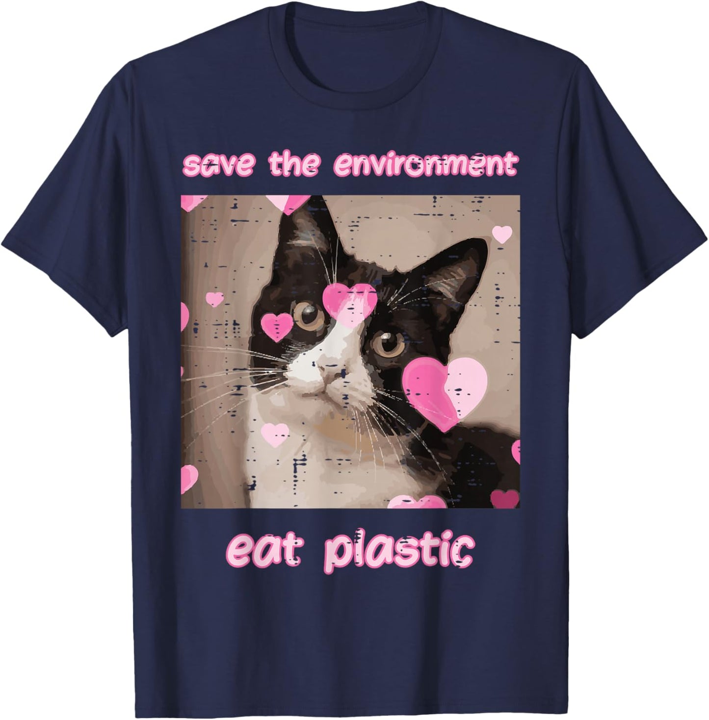 Save Environment Eat Plastic Cat Funny Saying Men Women Kids T-Shirt - T-Shirt | Navy
