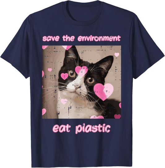 Save Environment Eat Plastic Cat Funny Saying Men Women Kids T-Shirt - T-Shirt | Navy