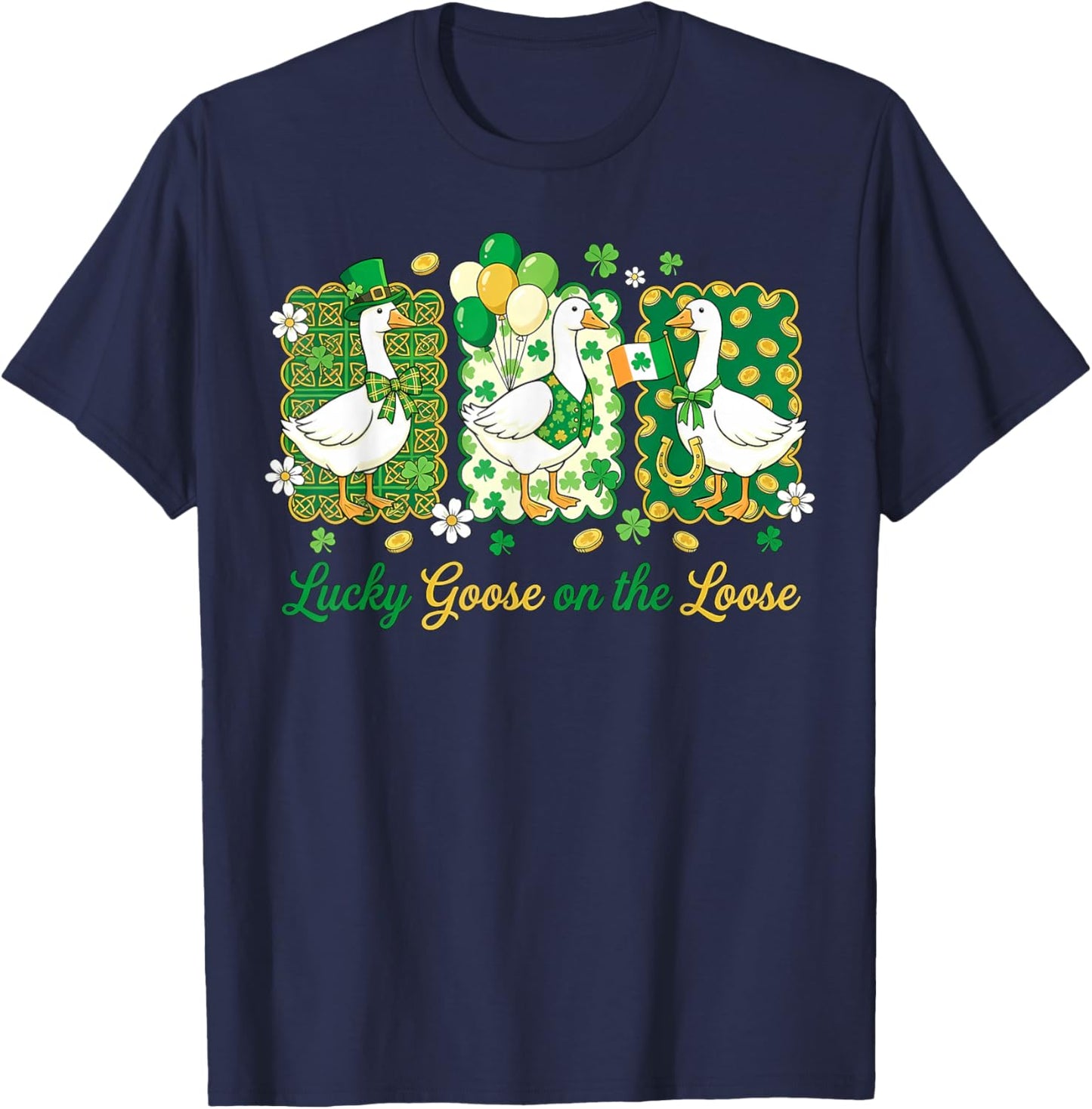 Retro Lucky Goose On The Loose St Patricks Day Shamrock T-Shirt - T-Shirt | Navy