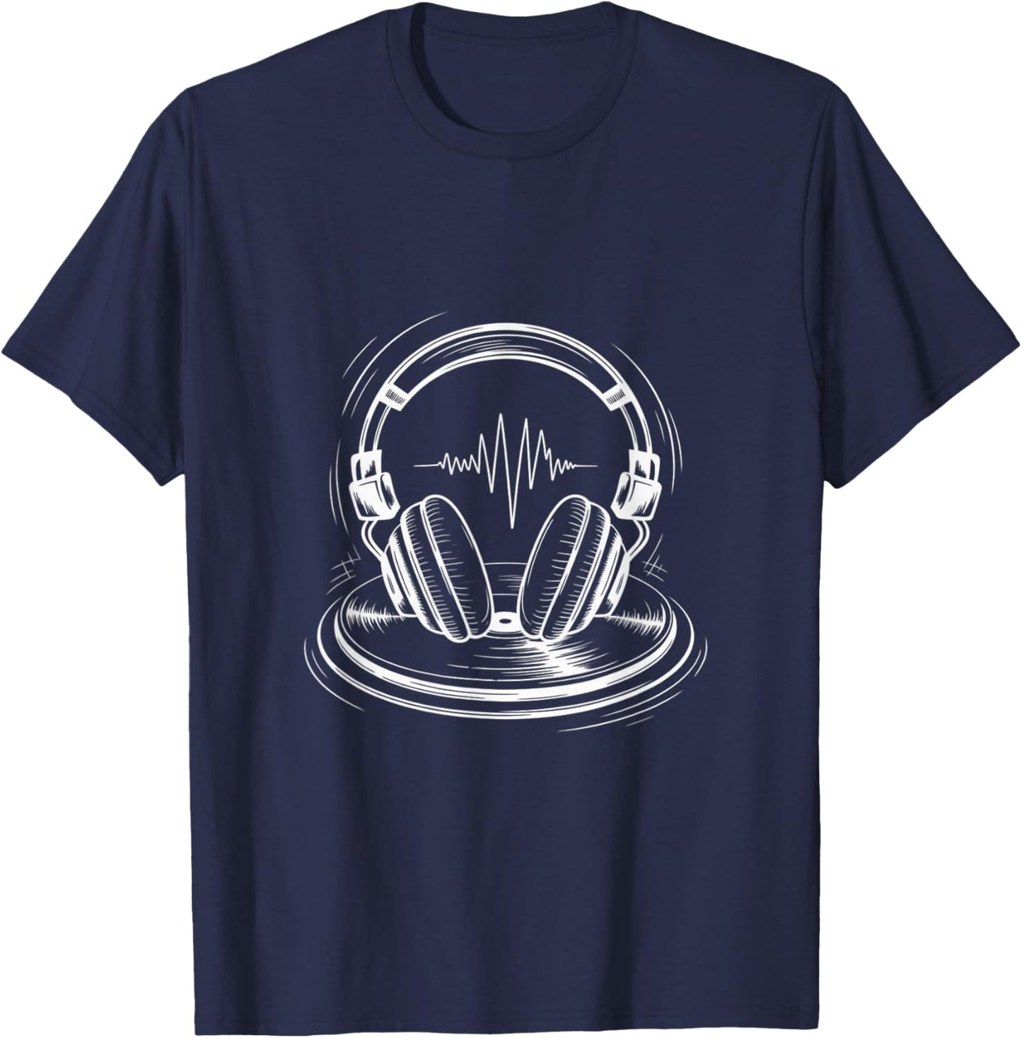 Minimal DJ Headphone Heartbeat Line Art Funny Music Gifts T-Shirt - T-Shirt | Navy