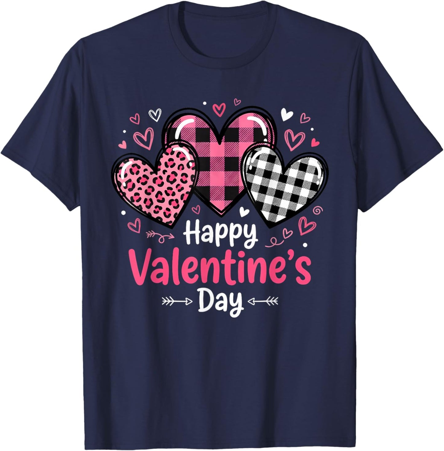 Happy Valentines Day Leopard and Plaid Love Hearts Women T-Shirt - T-Shirt | Navy