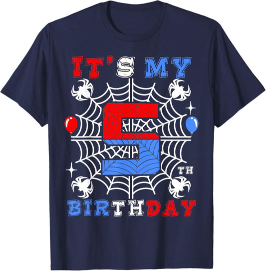 5th Birthday Spider-Theme 5th Birthday Spider Web Kids Boys T-Shirt - T-Shirt | Navy