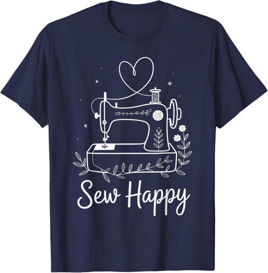 Sew Happy Sewing Machine Heart Line Art Design T-Shirt - T-Shirt | Navy