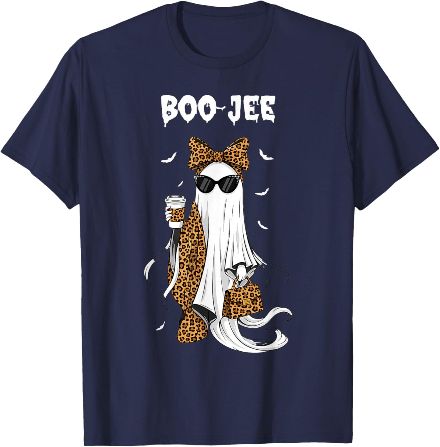 Coquette Leopard Ghost Coffee Boo-JEE Halloween Boujee Ghost T-Shirt - T-Shirt | Navy