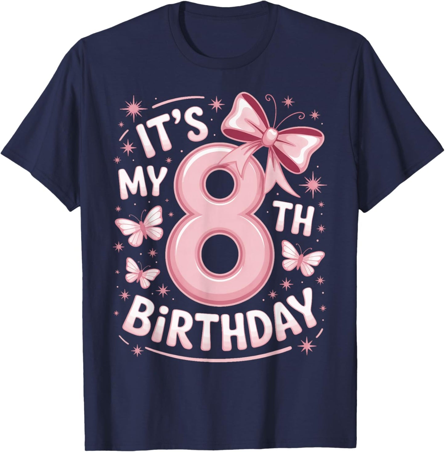 It's My 8th Birthday Pink Bow Girl Party T-Shirt - T-Shirt | Navy