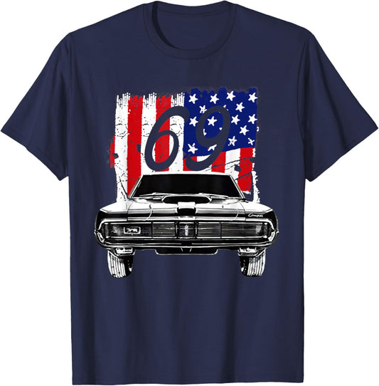 1969 69 Mercury Cougar Red Classic Vintage Old Car USA Flag T-Shirt - T-Shirt | Navy