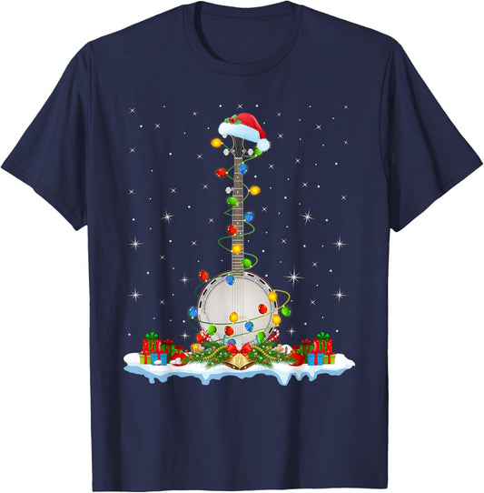 Banjo Christmas Lights Santa Hat Music Banjo Player Xmas T-Shirt - T-Shirt | Navy