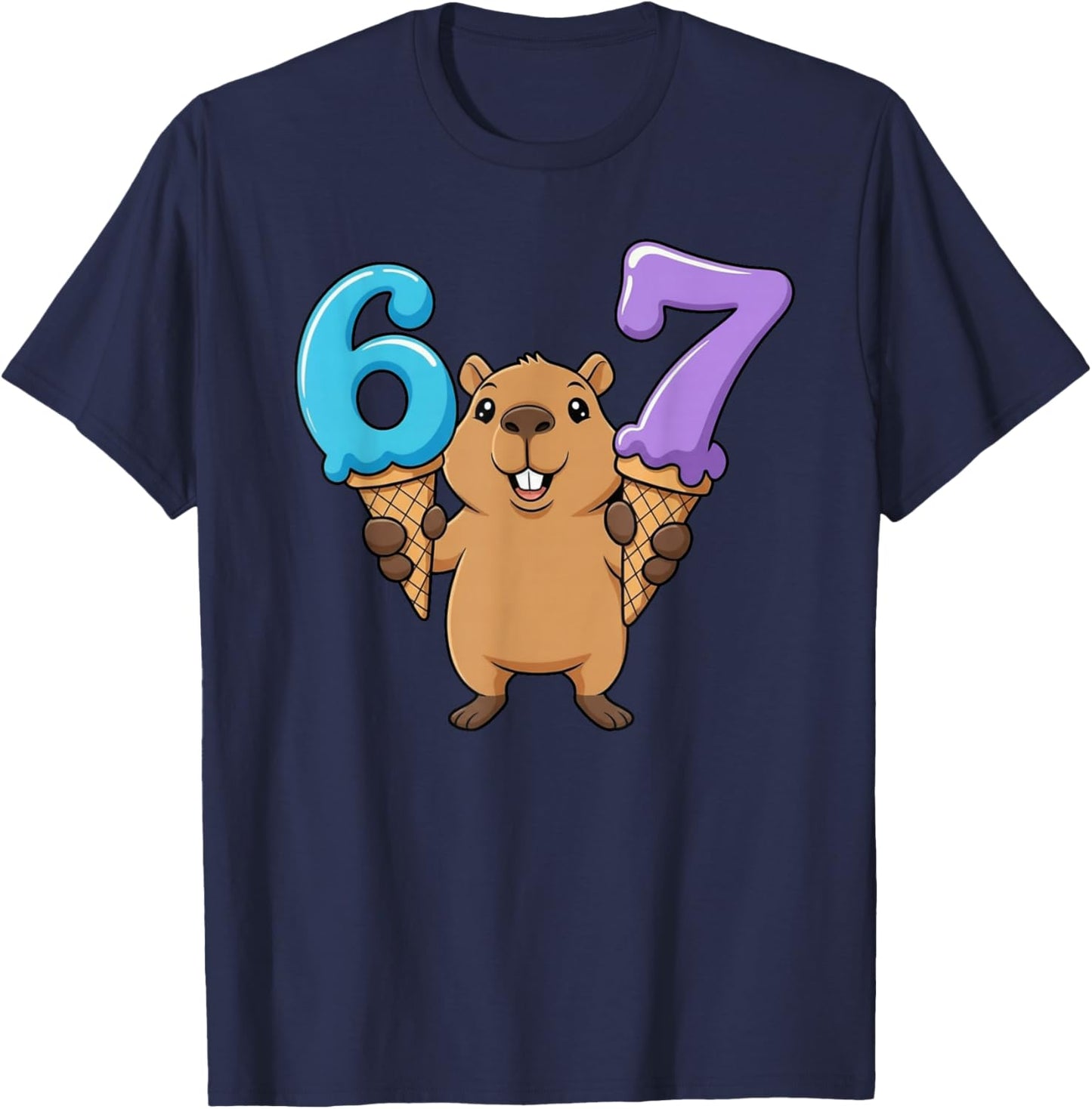 67 Capybara Six Seven Ice Cream Drip Funny T-Shirt - T-Shirt | Navy