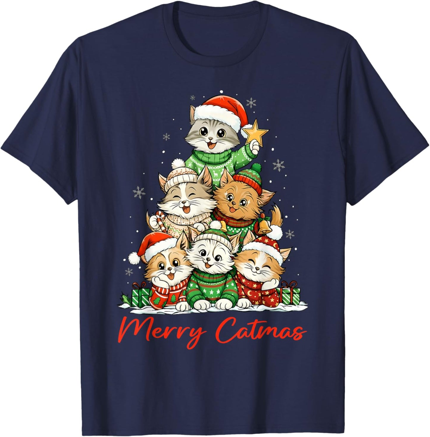 Merry Christmas Funny Christmas Tree Meowy Catmas Women Kids T-Shirt - T-Shirt | Navy